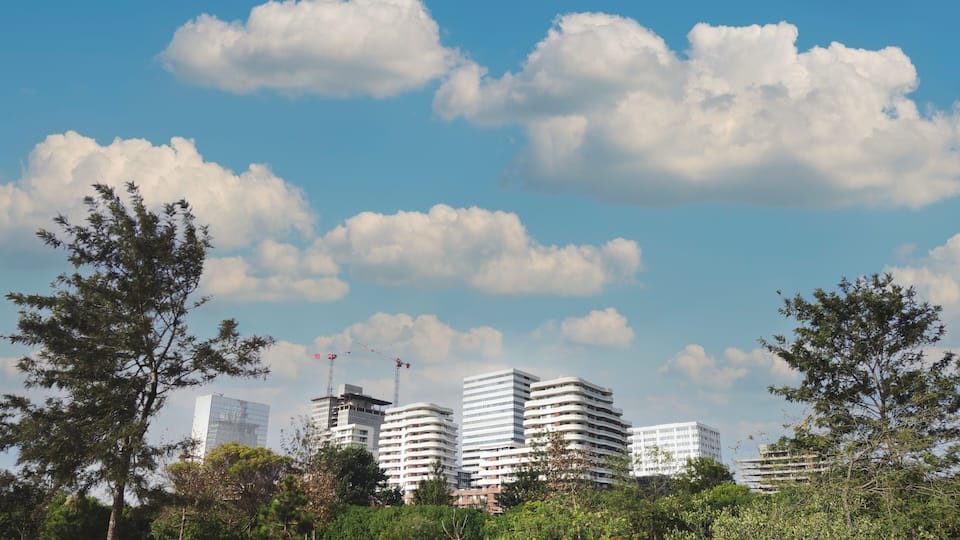 View of Casa Finance City buildings CFC from Anfa Park on a sunny day. Casablanca, Morocco