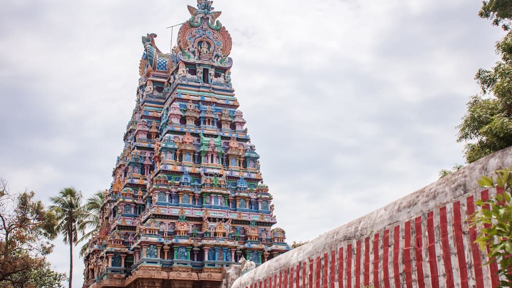 Main tower of Sri Thirumarainathar Temple, Thiruvathavur, Madurai, India.