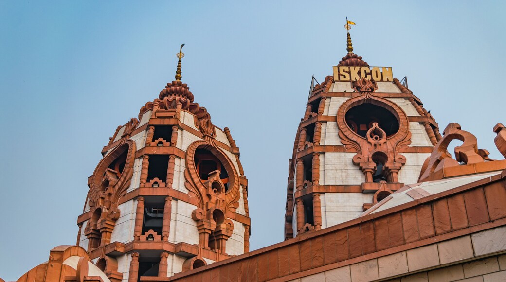 Interior of the temple of Iskcon with beautiful decoration for contemplation and prayer in New Delhi