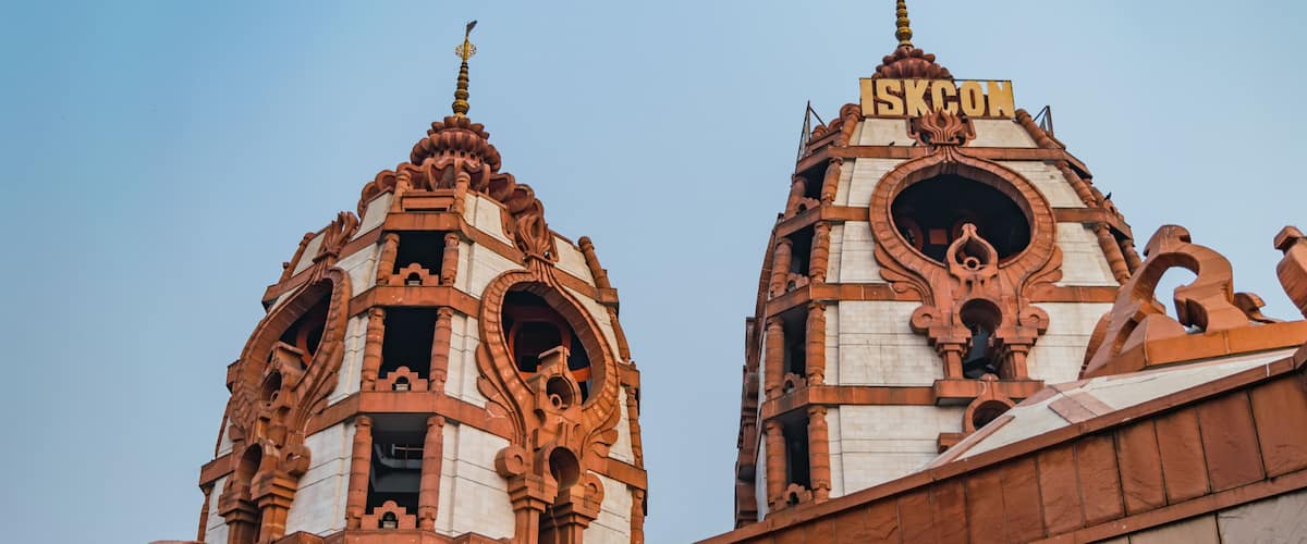 Interior of the temple of Iskcon with beautiful decoration for contemplation and prayer in New Delhi