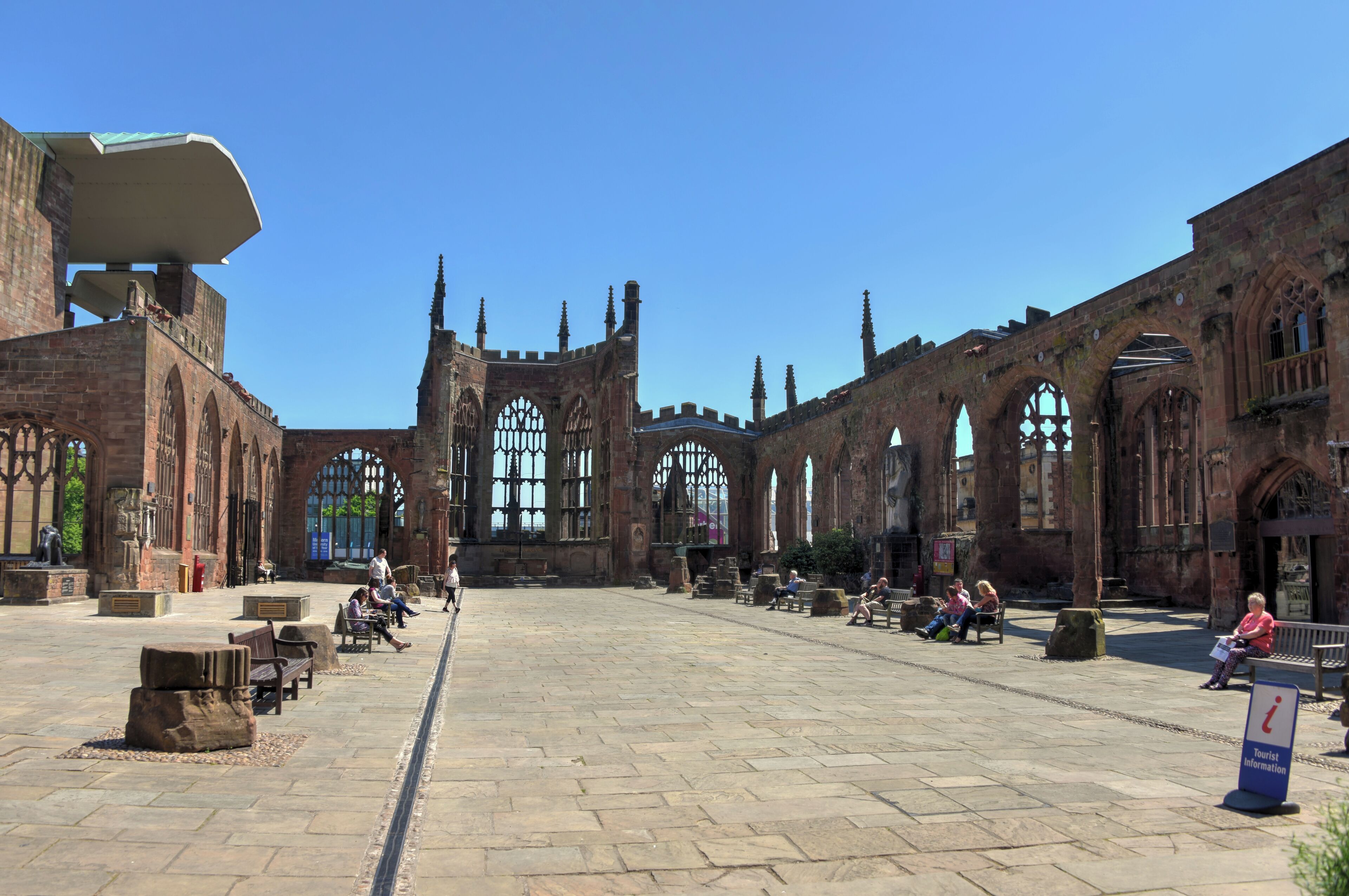 The ruins of Coventry Cathedral, destroyed in German bombing raids in World War II.