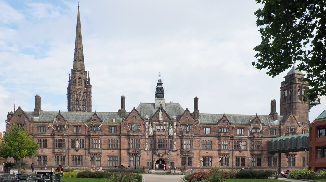 The Council House, Coventry with the 90-metre spire of the war-ruined 14th-century St Michael's Cathedral visible behind. This building, built 1913-17, is a Grade II Listed Building in England.
