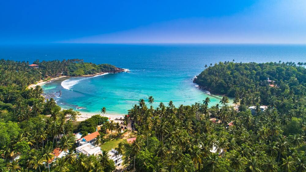 Aerial. Surf beach Hiriketiya, Dikwella, Sri Lanka.