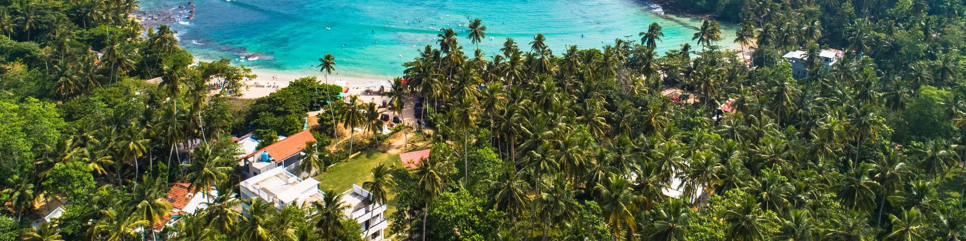 Aerial. Surf beach Hiriketiya, Dikwella, Sri Lanka.