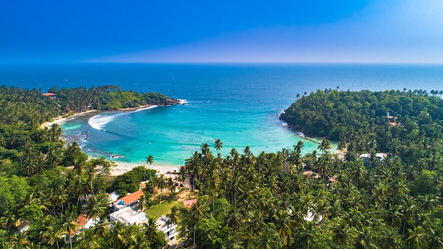Aerial. Surf beach Hiriketiya, Dikwella, Sri Lanka.