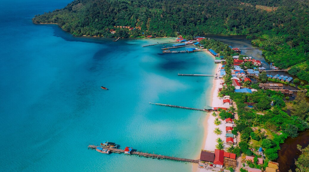 Cambodia aerial view of Koh Rong island , village on the beach nearby ocean.