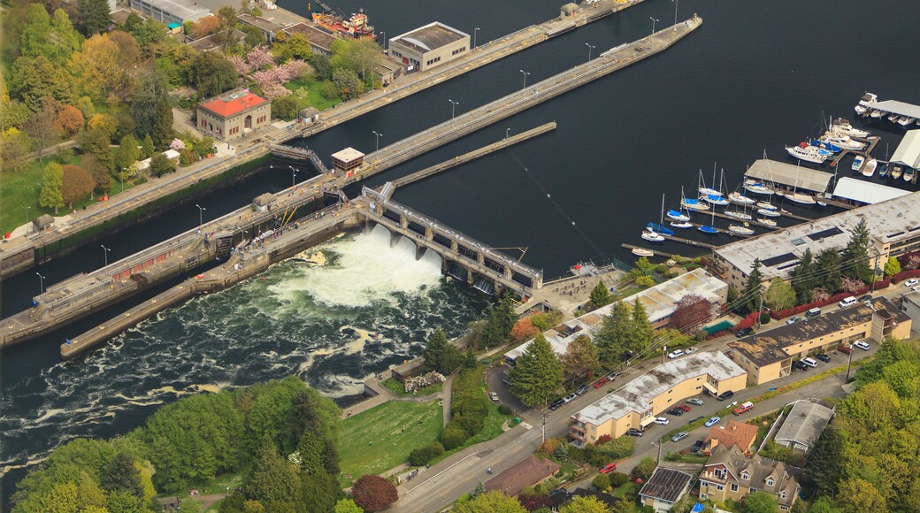 Aerial view of Hiram M Chittenden Locks, Seattle, Washington State, USA