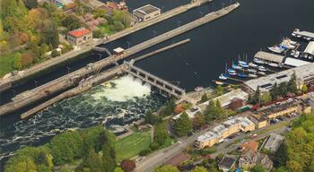 Aerial view of Hiram M Chittenden Locks, Seattle, Washington State, USA