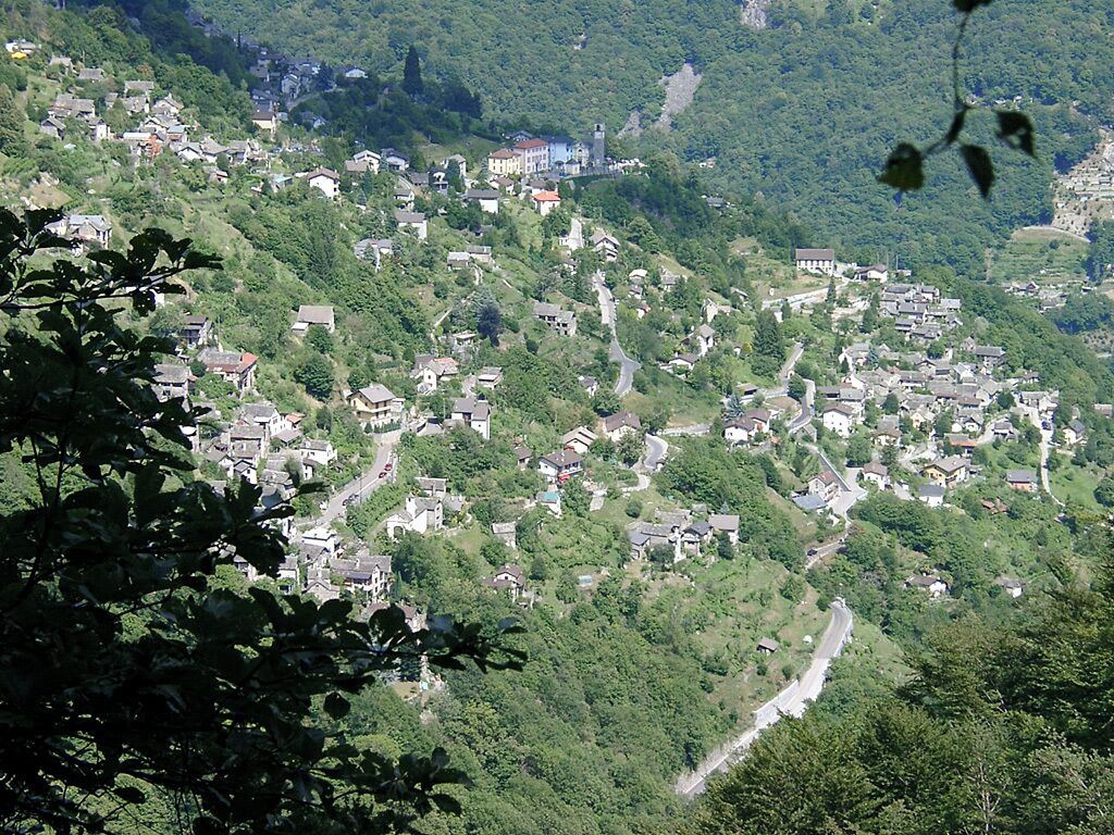 A hillside village with houses nestled among trees and a winding road.