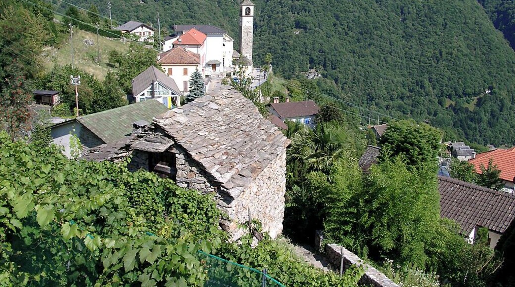 Das Dorf Mergoscia im Valle Verzasca. (Schweiz-Kanton Tessin).In der Mitte die Kirche von Verzasca.