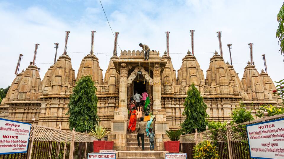 A temple with multiple spires and a central entrance.