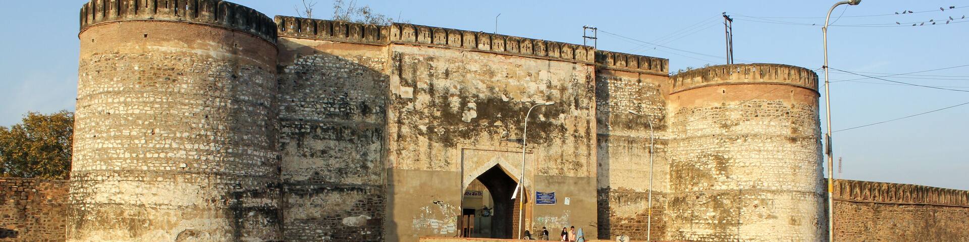The ancient Lohagarh fort with the bridge across the river moat in the town of Bharatpur.