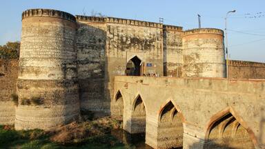 The ancient Lohagarh fort with the bridge across the river moat in the town of Bharatpur.
