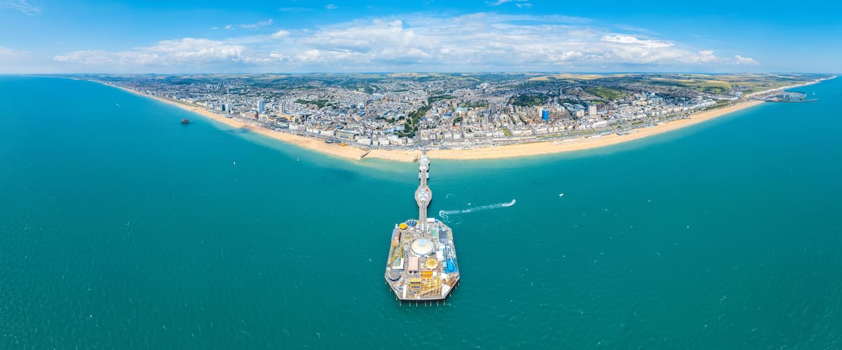 Epic aerial view of Brighton Palace Pier, Brighton, Famous Tourism Location United Kingdom