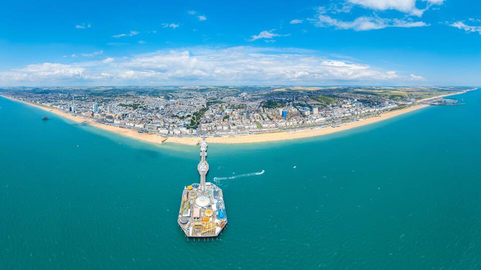 Epic aerial view of Brighton Palace Pier, Brighton, Famous Tourism Location United Kingdom