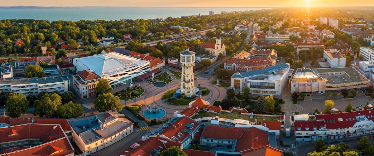 Europe Hungary Siofok Lake Balaton. Cityscape. sunset. water tower. panorama. city library. Church of the Blessed Virgin Mary in Siofok. sio plaza.