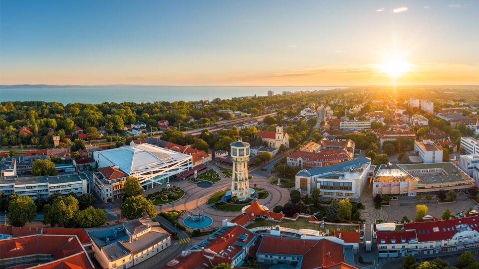 Europe Hungary Siofok Lake Balaton. Cityscape. sunset. water tower. panorama. city library. Church of the Blessed Virgin Mary in Siofok. sio plaza.