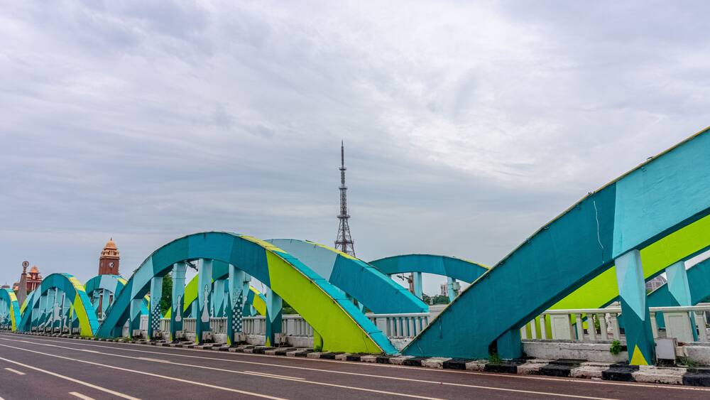 Napier Bridge is a road bridge over the Coovum River in Chennai, India. It connects Fort St. George with the Marina Beach. The first iron bridge was built in 1869, which was rebuilt in 1909 and 1944.