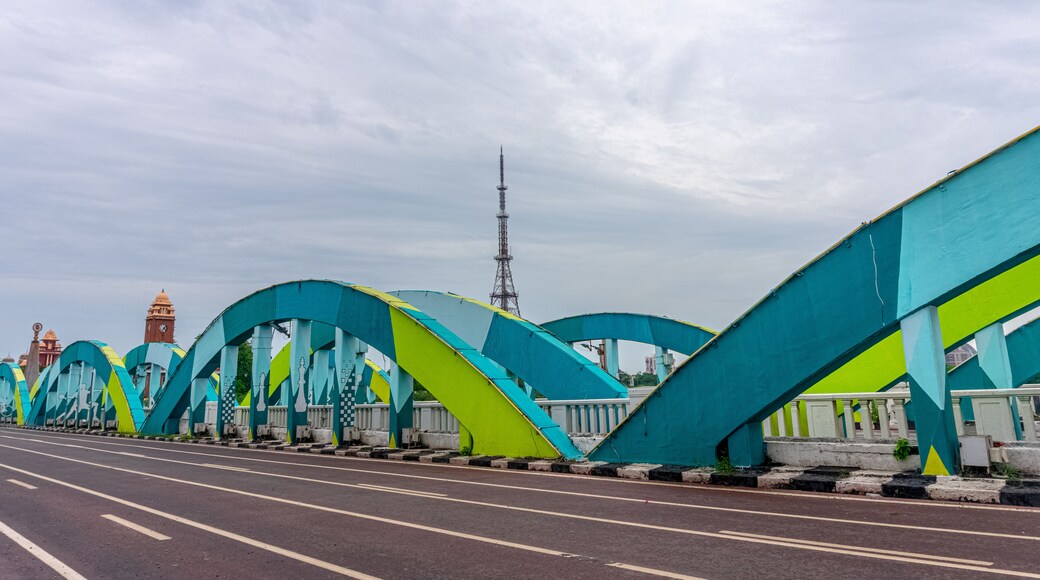 Napier Bridge is a road bridge over the Coovum River in Chennai, India. It connects Fort St. George with the Marina Beach. The first iron bridge was built in 1869, which was rebuilt in 1909 and 1944.