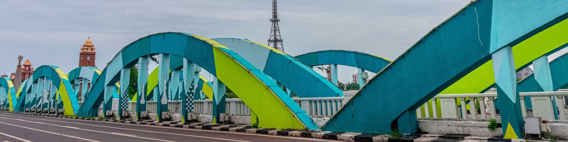 Napier Bridge is a road bridge over the Coovum River in Chennai, India. It connects Fort St. George with the Marina Beach. The first iron bridge was built in 1869, which was rebuilt in 1909 and 1944.