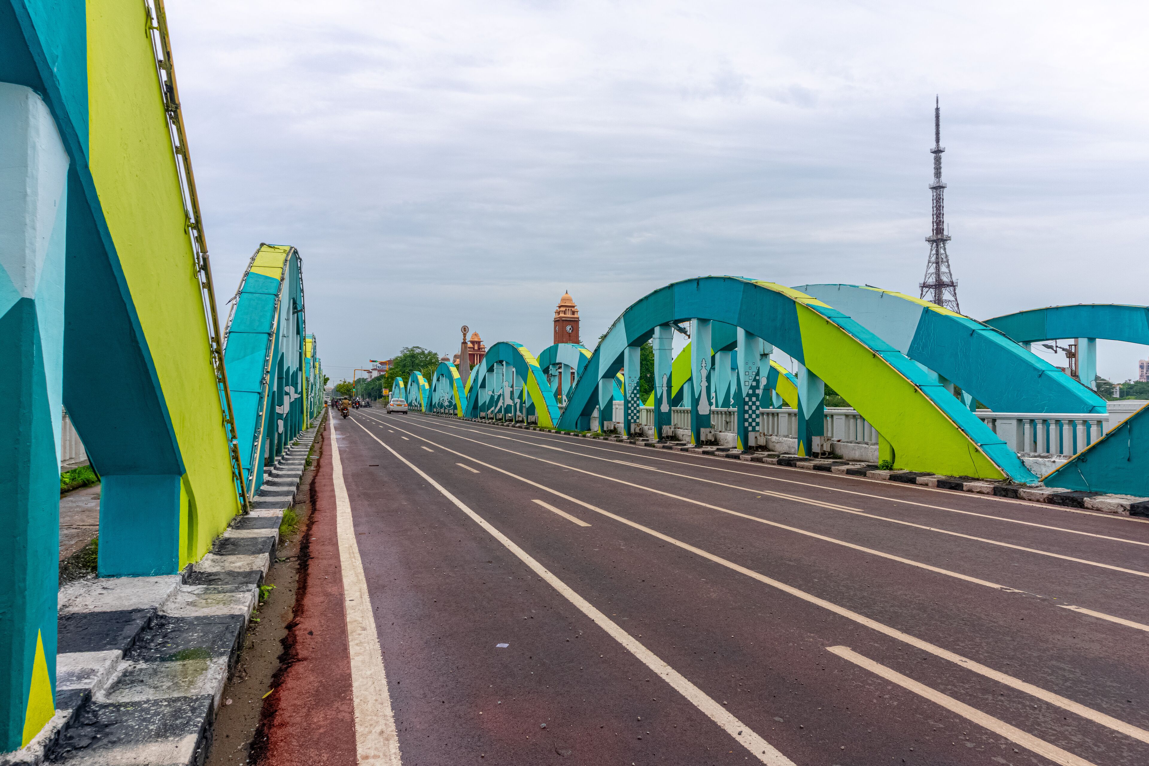 Napier Bridge is a road bridge over the Coovum River in Chennai, India. It connects Fort St. George with the Marina Beach. The first iron bridge was built in 1869, which was rebuilt in 1909 and 1944.