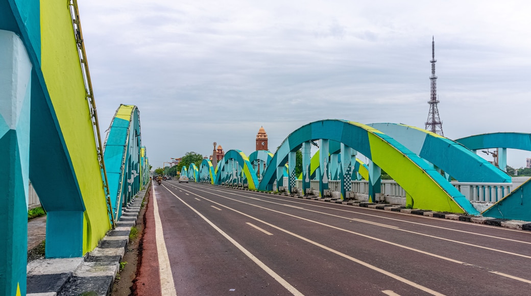 Napier Bridge is a road bridge over the Coovum River in Chennai, India. It connects Fort St. George with the Marina Beach. The first iron bridge was built in 1869, which was rebuilt in 1909 and 1944.