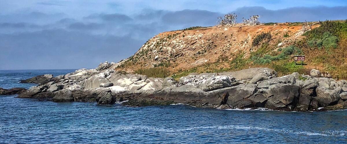 A rocky coastline with waves crashing against the shore.