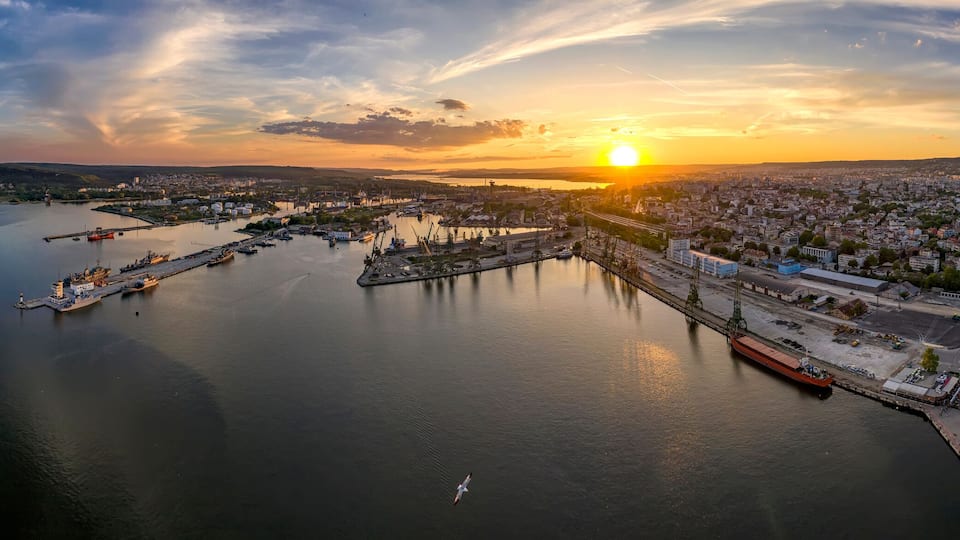 Amazing aerial panorama drone view of Varna city, Bulgaria.