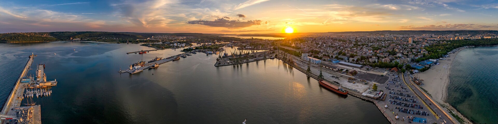 Amazing aerial panorama drone view of Varna city, Bulgaria.