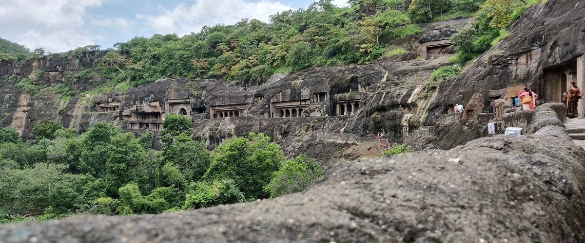Ancient rock-cut architecture amidst lush greenery.