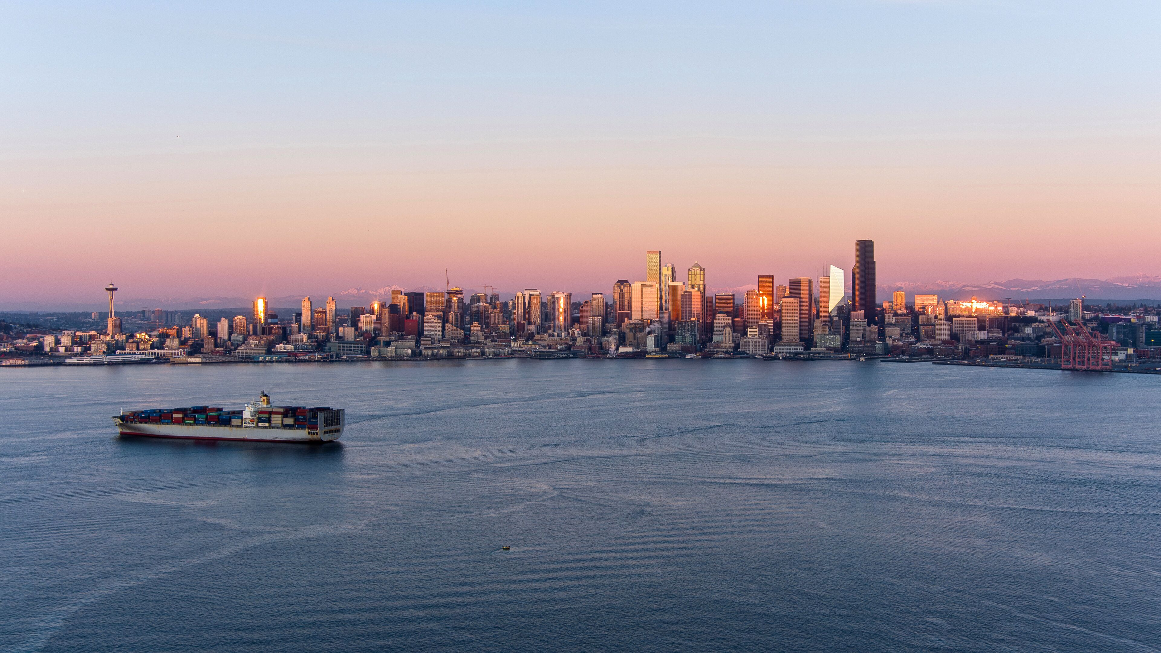 Seattle skyline at sunset in December