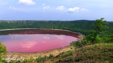 A large, circular body of water with a reddish hue, surrounded by dense green forest and hills.