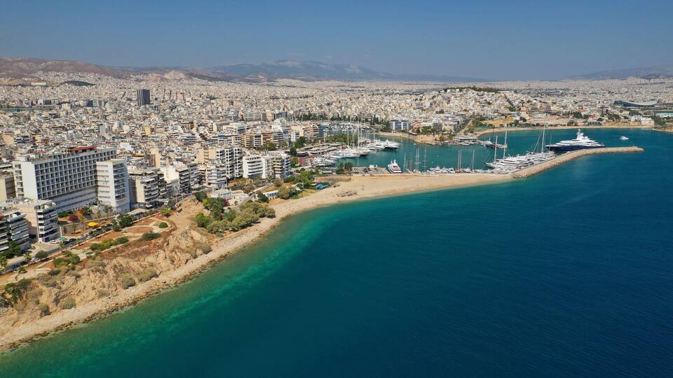 Aerial drone photo of famous seaside area of Piraeus - Piraiki or Freatida, Attica, Greece
