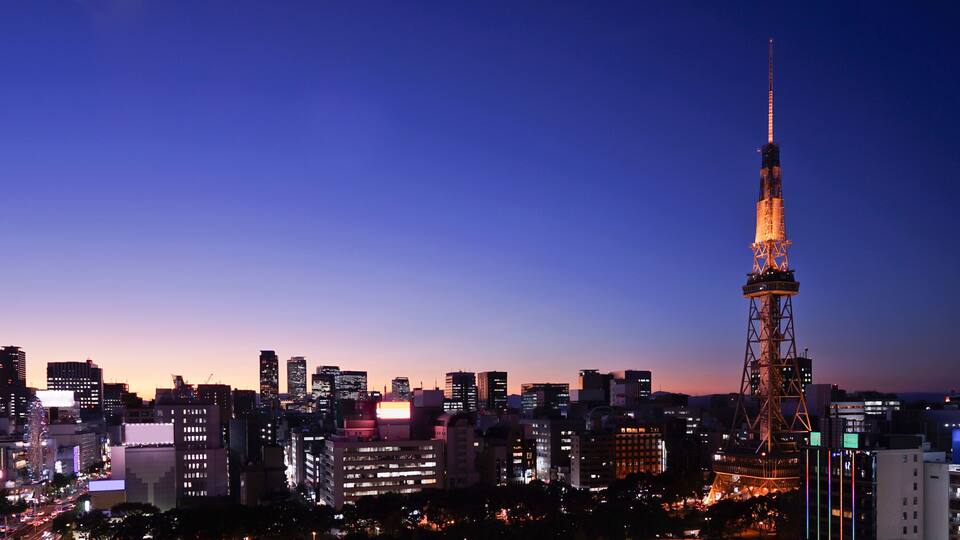 Panorama view Nagoya downtown and Nagoya TV tower skyline at twilight in Japan.