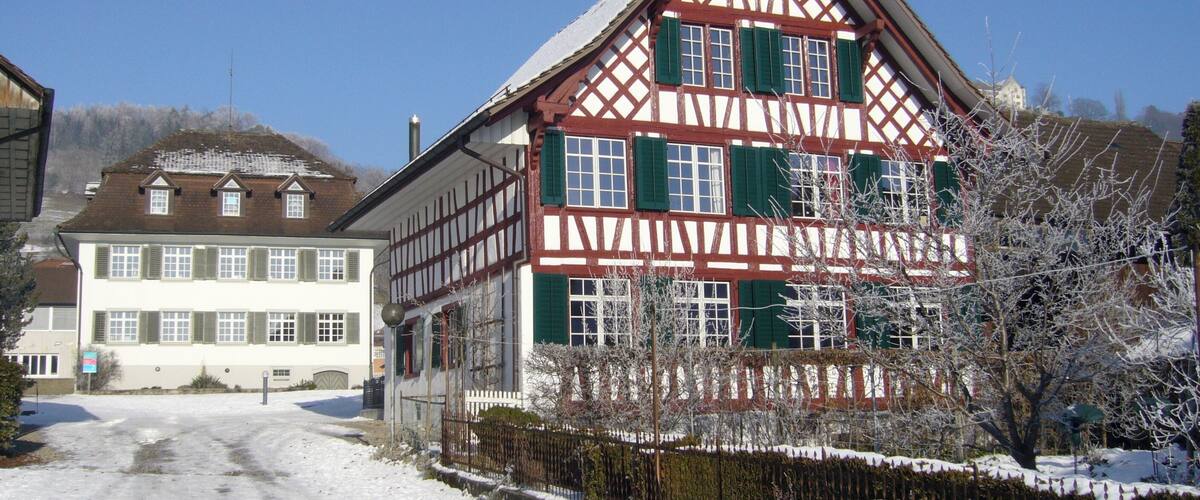 A traditional half-timbered house with green shutters, a snow-covered driveway, and a clear blue sky.