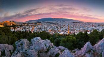 View of Acropolis from Filopappou hill at sunrise, Greece.