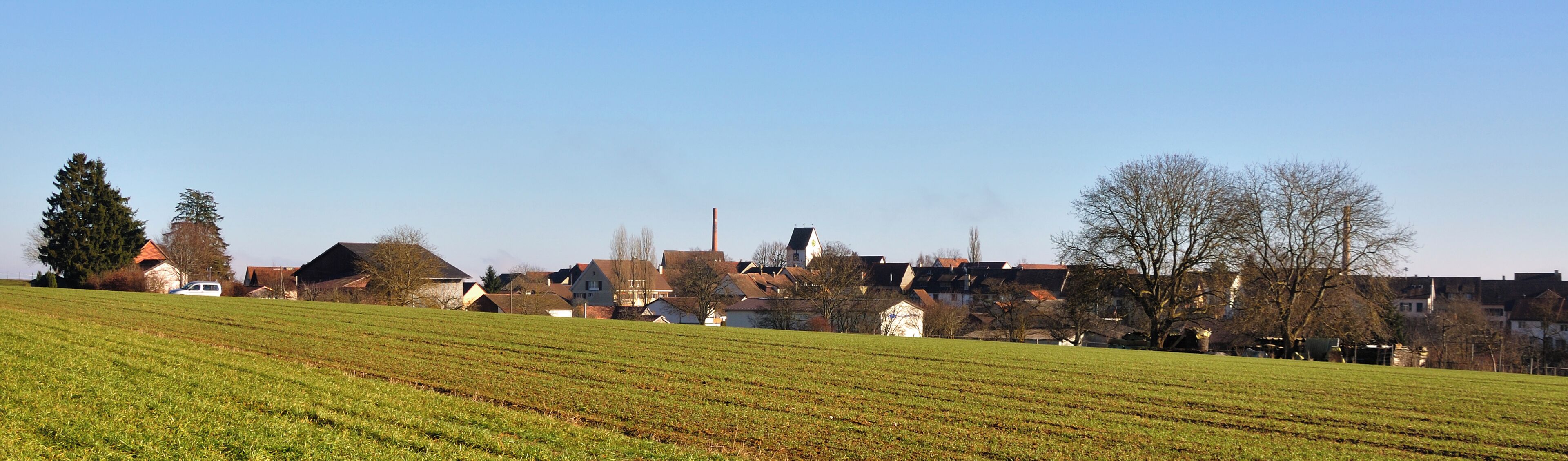A rural landscape with a green field, houses, and a church.