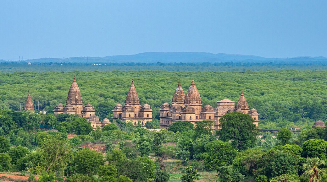 Orchha, India - 02 June 2022 - Royal Chhatris or Cenotaphs are the historical monuments situated on the banks of River Betwa in Orchha, Madhya Pradesh, India.