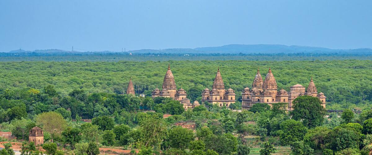 Orchha, India - 02 June 2022 - Royal Chhatris or Cenotaphs are the historical monuments situated on the banks of River Betwa in Orchha, Madhya Pradesh, India.
