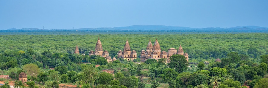 Orchha, India - 02 June 2022 - Royal Chhatris or Cenotaphs are the historical monuments situated on the banks of River Betwa in Orchha, Madhya Pradesh, India.