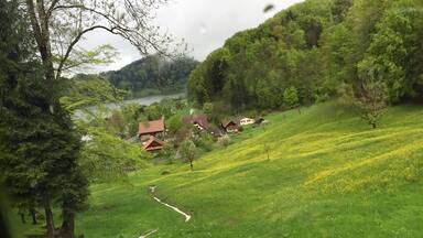 Uma encosta verde e exuberante com um rio ao fundo, cercada por árvores e casas.