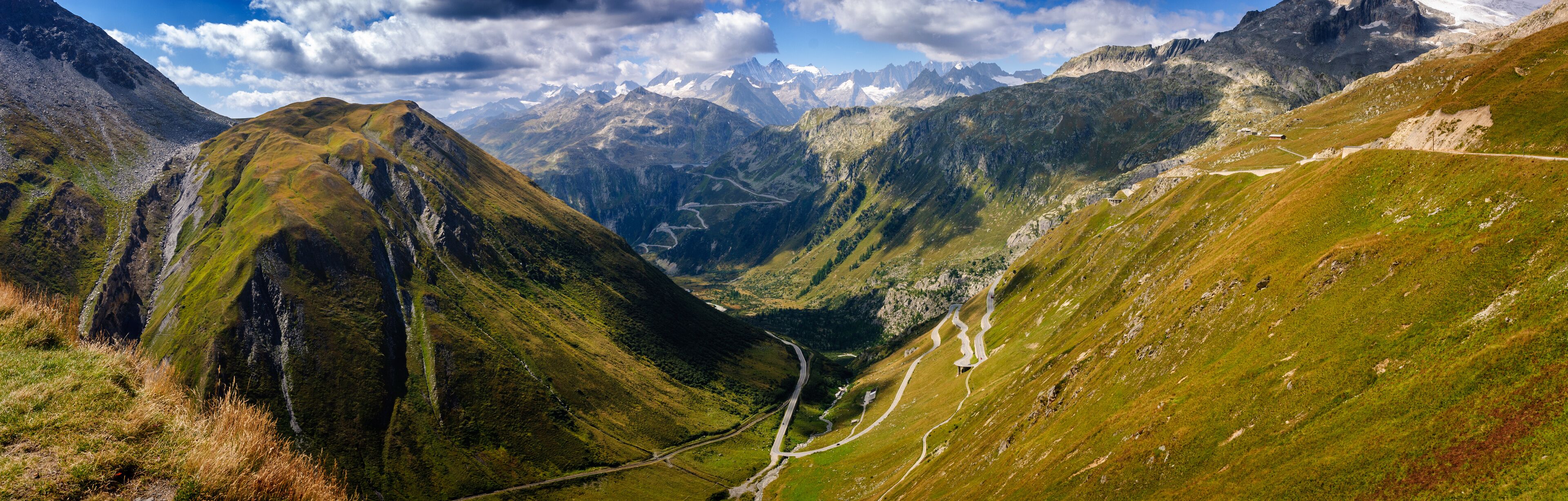 View down the upper Rhone Valley from the Furka Pass, leading to Gletsch and Grimsel Pass in Obergoms