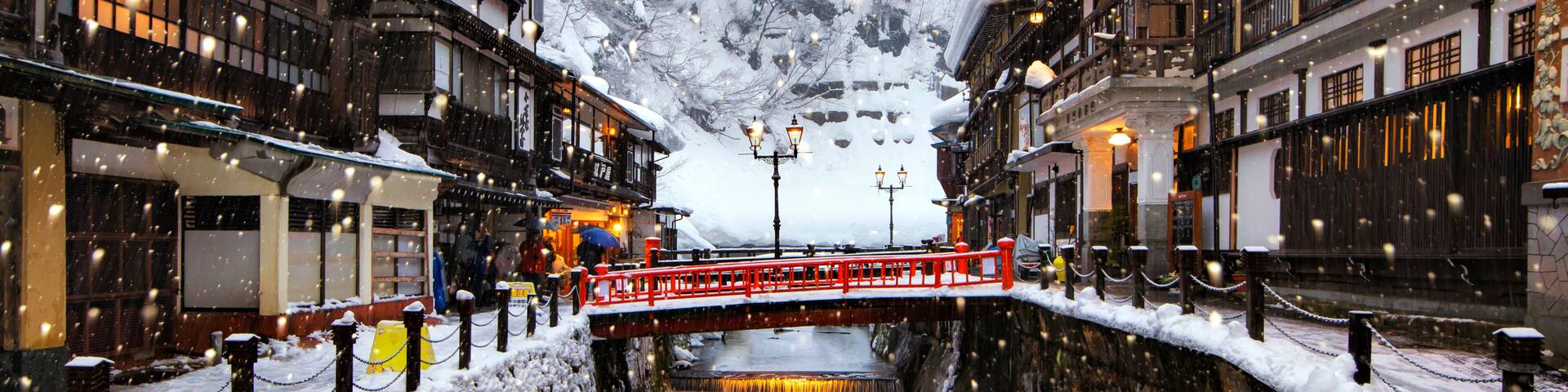 Illumination of Ginzan Onsen in Winter Snow Day, Obanazawa, Yamagata, Japan