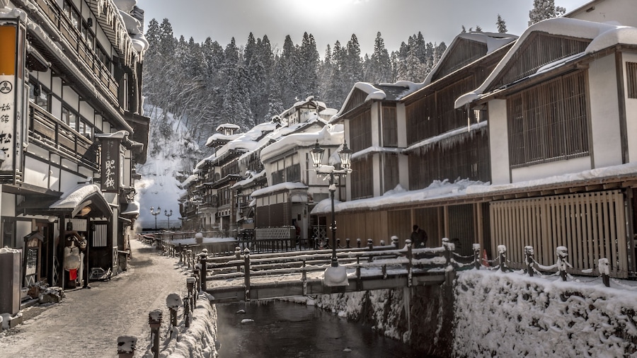 romantic winter snow in Obanazawa Ginzan Onsen, Japan hot springs town.