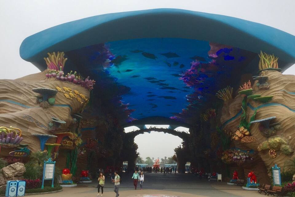 An underwater-themed entrance with coral and fish decorations.