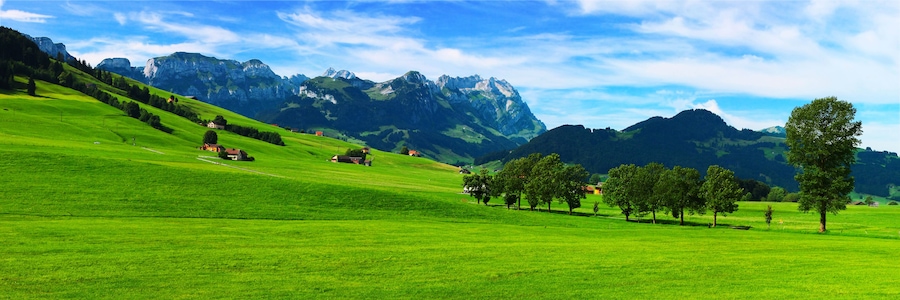 A lush green valley with rolling hills, scattered trees, and a backdrop of towering mountains under a clear blue sky.