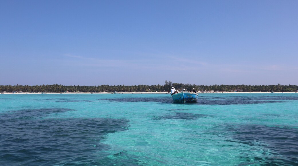 Isolated blue boat with people sailing in a blue ocean with the background of trees in Lakshadweep