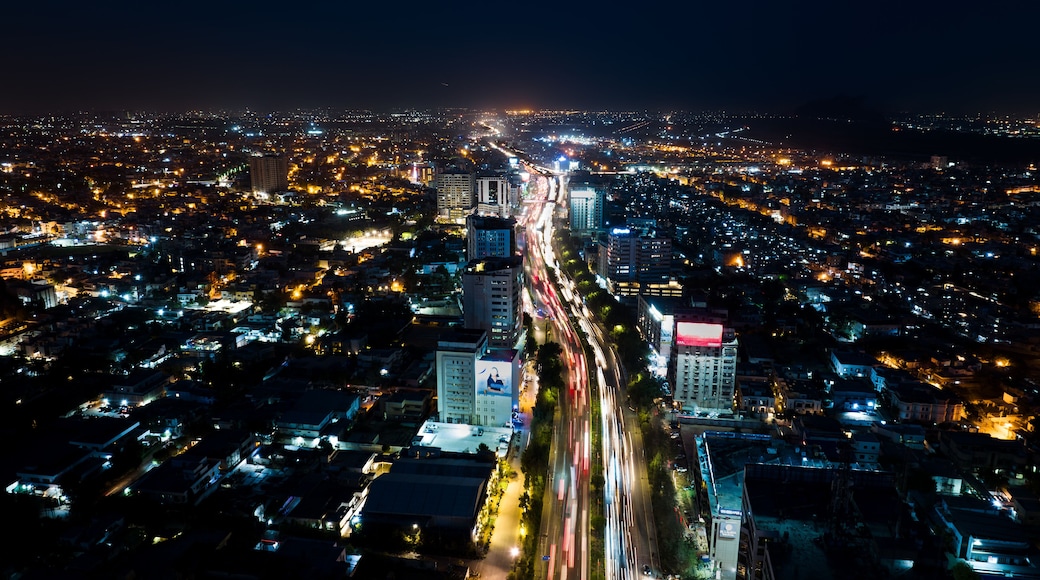 Aerial view of Shahrah-e-Faisal avenue at night, Karachi, Sindh, Pakistan