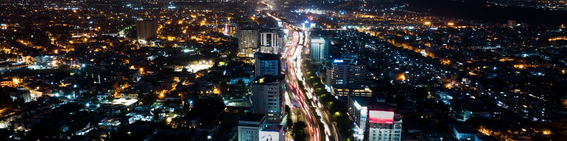 Aerial view of Shahrah-e-Faisal avenue at night, Karachi, Sindh, Pakistan