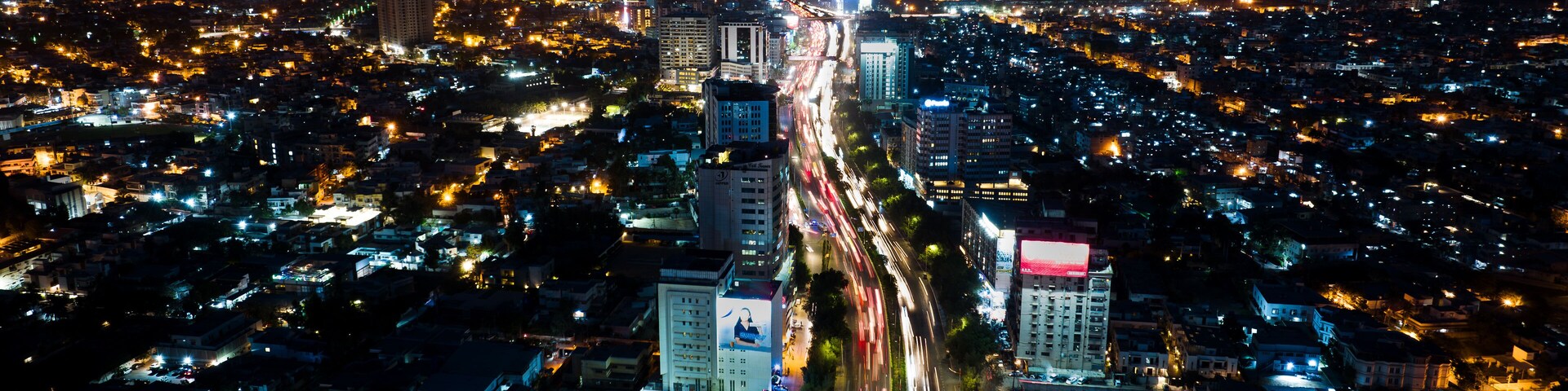 Aerial view of Shahrah-e-Faisal avenue at night, Karachi, Sindh, Pakistan